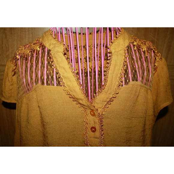 Perch By Blu Pepper Womens Blouse Orange Floral Lace Notch Neck Pleated 1XL GUC - Picture 2 of 6